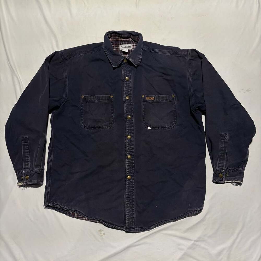Carhartt Flannel Lined Canvas Shirt Jacket Large Faded Thrashed Distressed